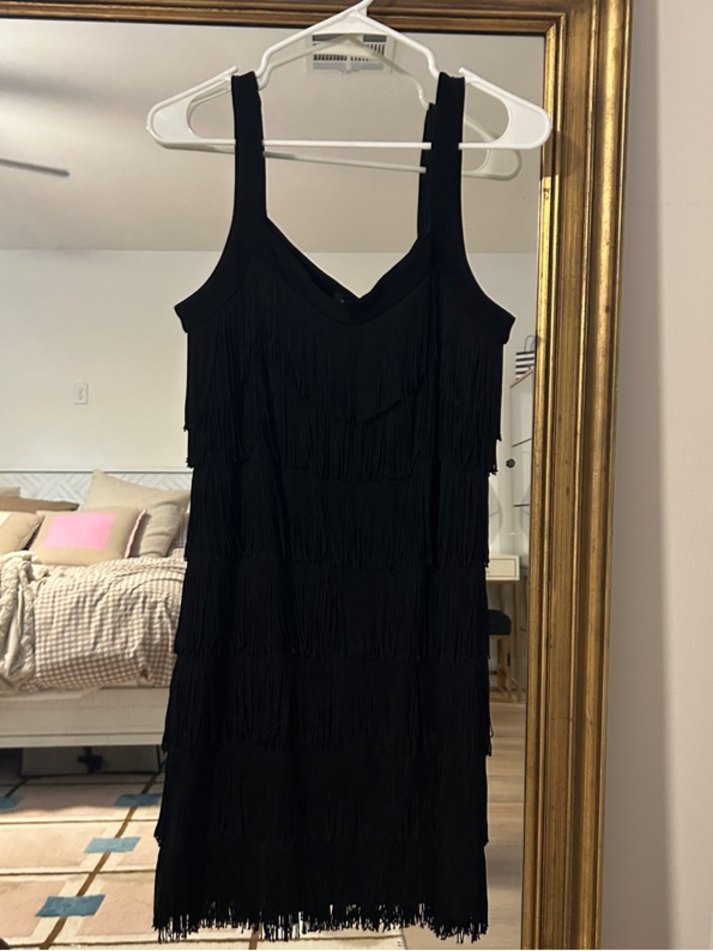 White House Black Market - Black Fringe V-Neck Dress